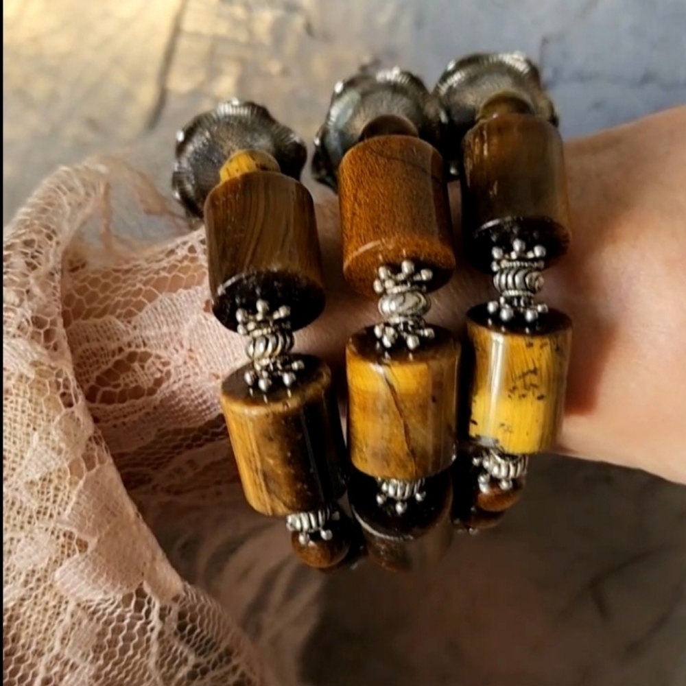 Heavy Silver Plated Bracelet Stacking Natural Tig… - image 8